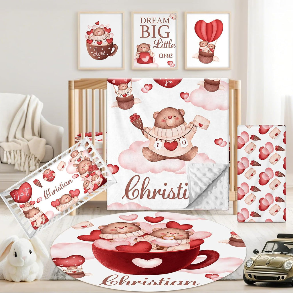 Custom Baby Crib Bedding Set, 5 PCS Personalized Name Baby Crib Sets for Girls Boys, Lovely Bear Theme Nursery Bedding Sets for Infant Toddler, Double Layer Flannel Bed Set Customized Gifts