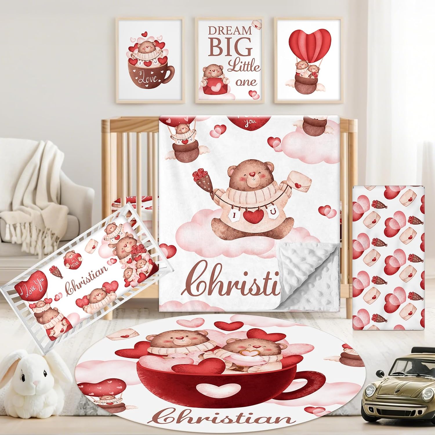 Custom Baby Crib Bedding Set, 5 PCS Personalized Name Baby Crib Sets for Girls Boys, Lovely Bear Theme Nursery Bedding Sets for Infant Toddler, Double Layer Flannel Bed Set Customized Gifts