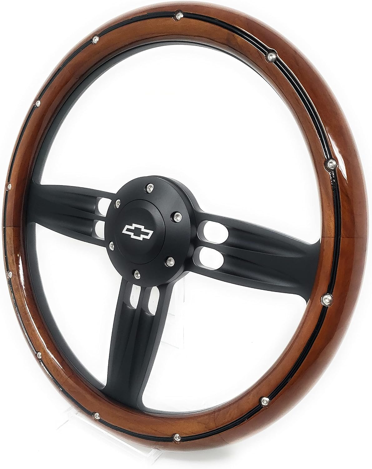 14' Inch Black & Wood with rivets Steering Wheel Bowtie Horn, 6 Hole