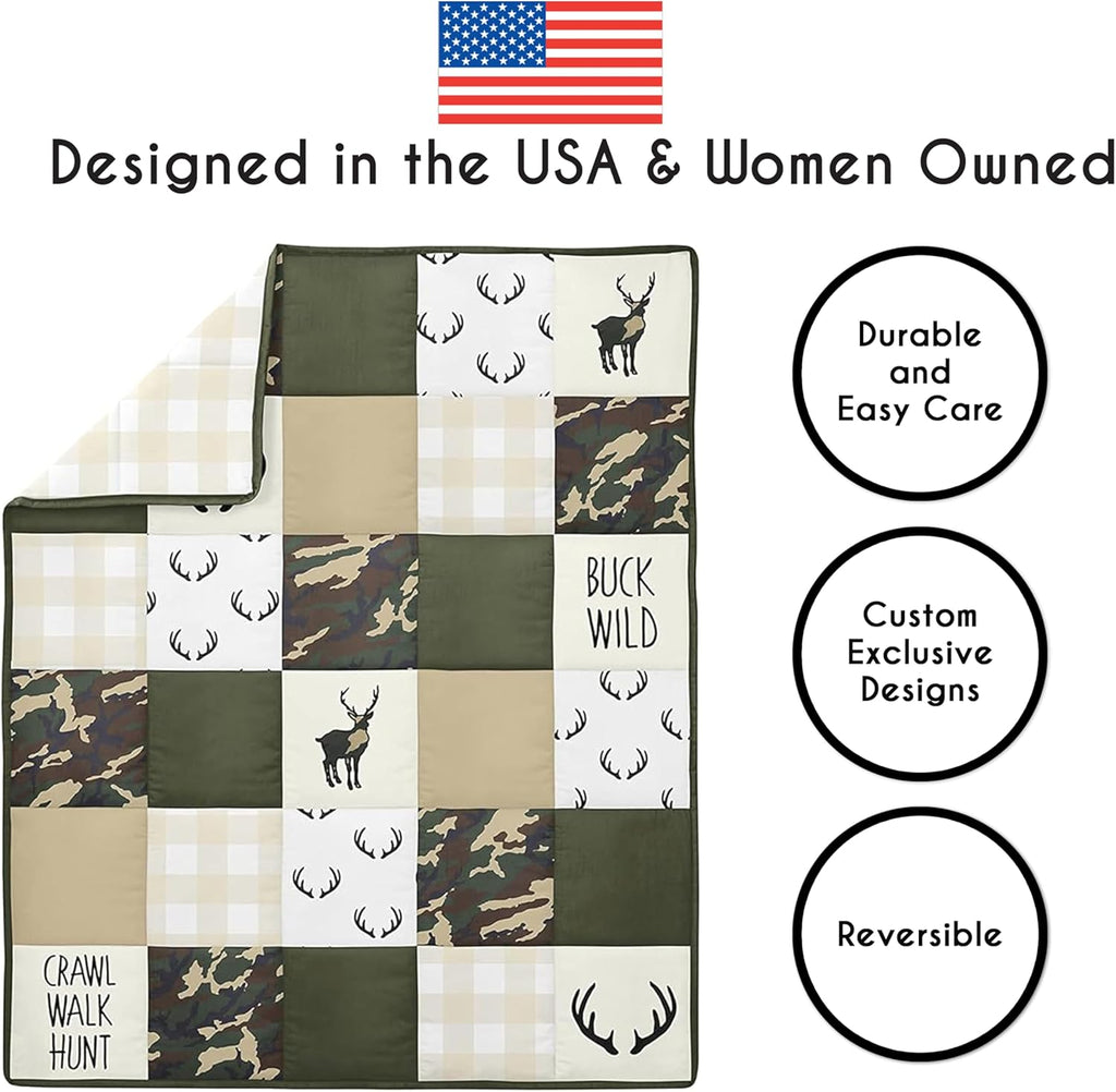 Sweet Jojo Designs 6-Piece Baby Crib Bedding Set (Woodland Camo Deer) for Boys, Infants/Nursery incl. BreathableBaby Mesh Liner Blanket, Fitted Sheet, Skirt, Diaper Stacker (Rustic, Forest Animal)