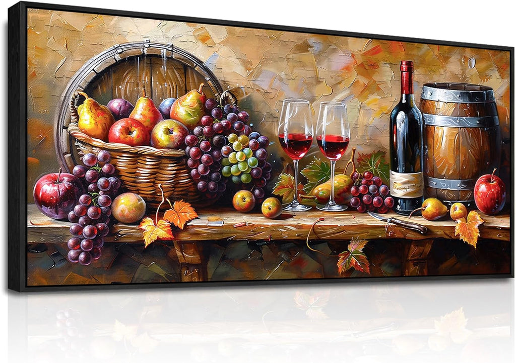 XIGUANGART Large Framed Wall Art for Kitchen, Vintage Food Wine Painting Prints, Rustic Wall Decor Fruit Harvest Pictures for Living Room Dining Room Pub Home Bar Farmhouse Decorations 32x72 In