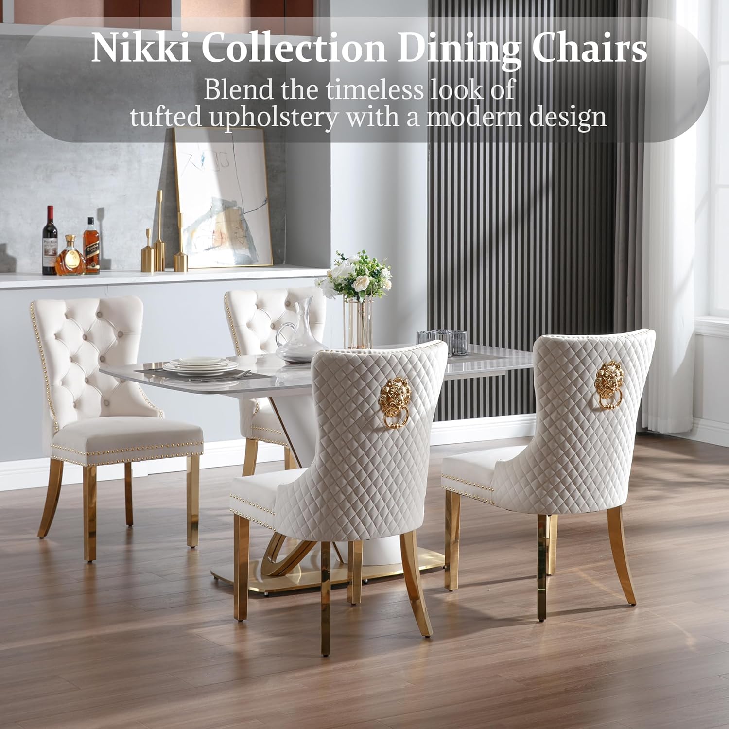 civama Dining Chairs Set of 2, Elegant Luxury Velvet Tufted Dining Chairs Golden Legs & Nailhead Trim, Back Lion Head Pull Ring & Rhomboid Pattern, Nikki Collection Armless Kitchen Chair, Beige