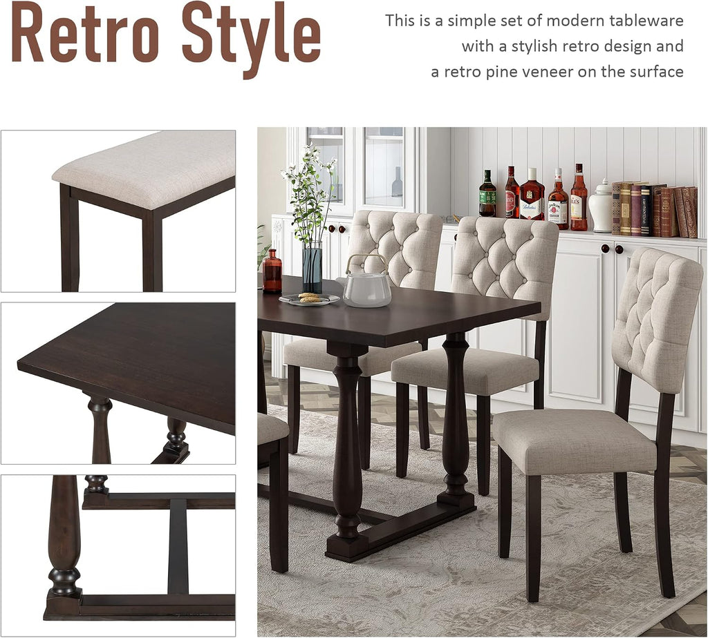 Retro 6-Piece Kitchen Dining Table Set with Comfortable Upholstery Chairs and Bench, Solid Wood Dining Table with Special-Shaped Legs, Suitable for Family Use (Espresso-Comfort)