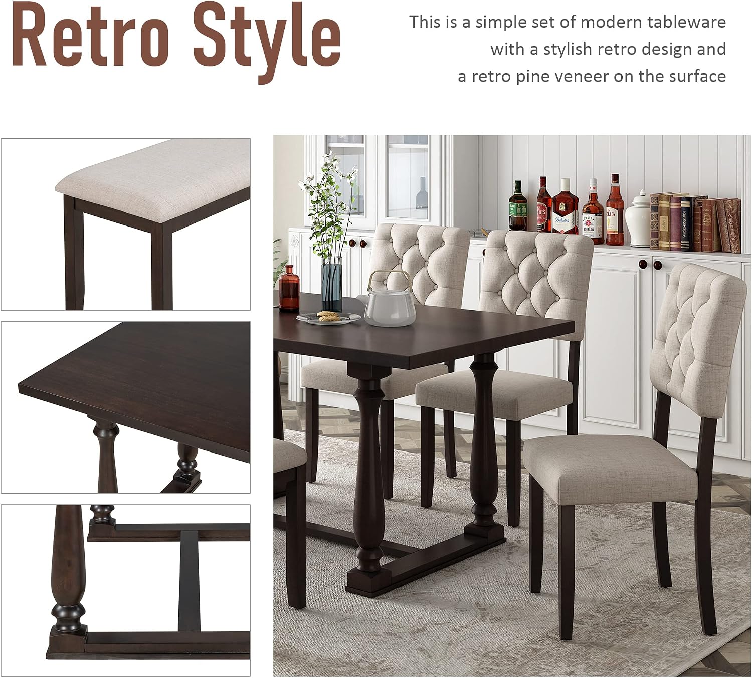 Retro 6-Piece Kitchen Dining Table Set with Comfortable Upholstery Chairs and Bench, Solid Wood Dining Table with Special-Shaped Legs, Suitable for Family Use (Espresso-Comfort)