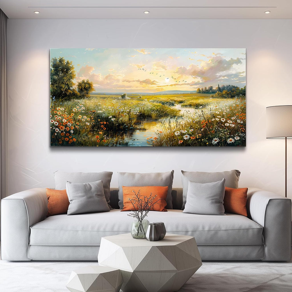 XIGUANGART Rustic Landscape Wall Art Canvas Prints Nature River Meadow flowers Wall Decor Sunset Pastoral Abstract Pictures Modern Artwork for Living Room Bedroom Kitchen Office Large Home Decorations