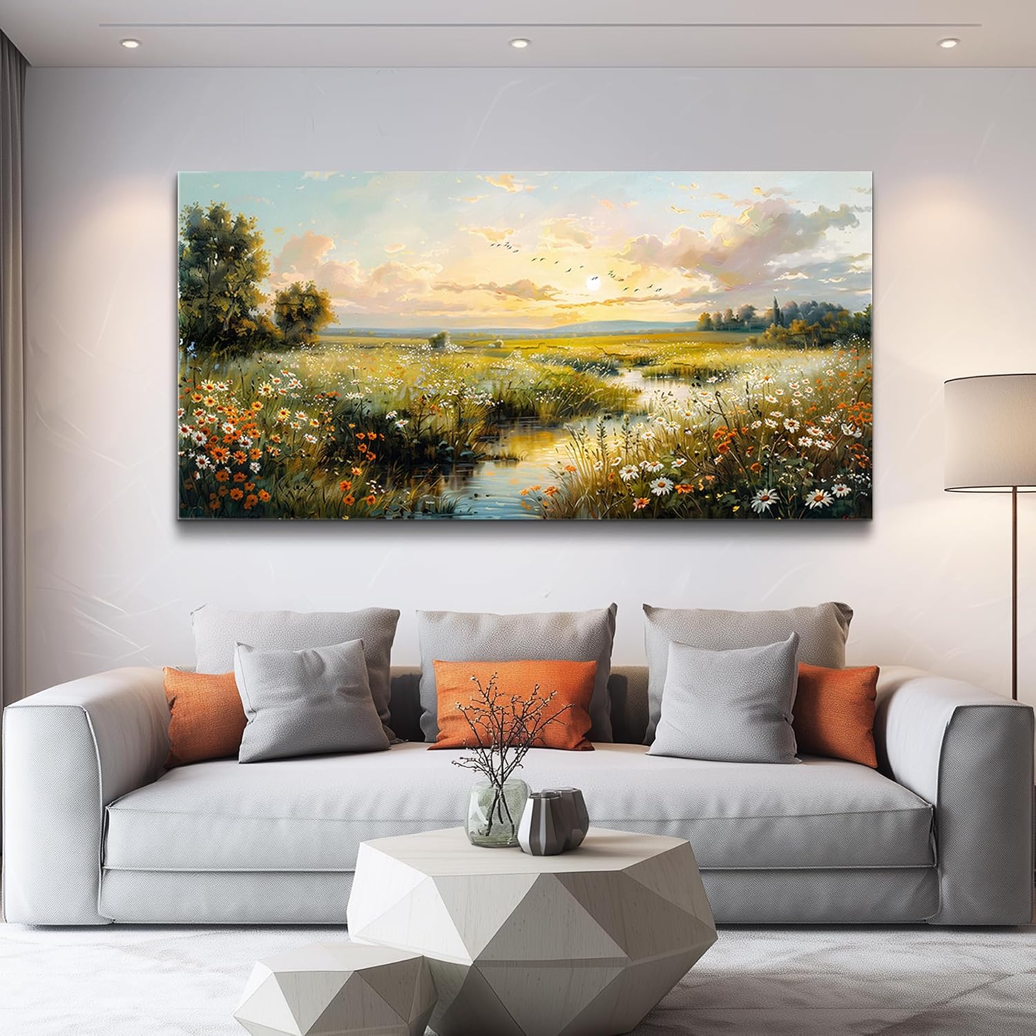 XIGUANGART Rustic Landscape Wall Art Canvas Prints Nature River Meadow flowers Wall Decor Sunset Pastoral Abstract Pictures Modern Artwork for Living Room Bedroom Kitchen Office Large Home Decorations