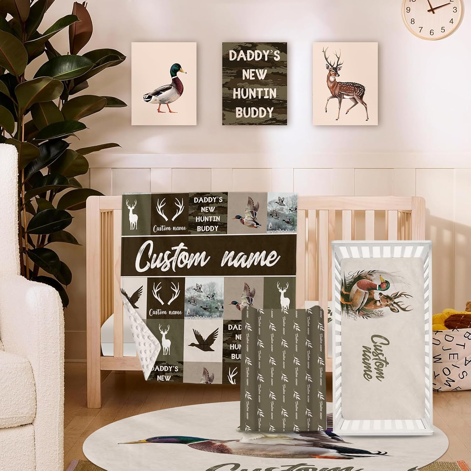 Personalized Crib Bedding Set for Baby Boys, Hunting Duck Pattern Custom Name Baby Crib Sets 5-Pcs, Double Layer Baby Blanket Fitted Sheet Changing Pad Cover Rug Wall Art Set
