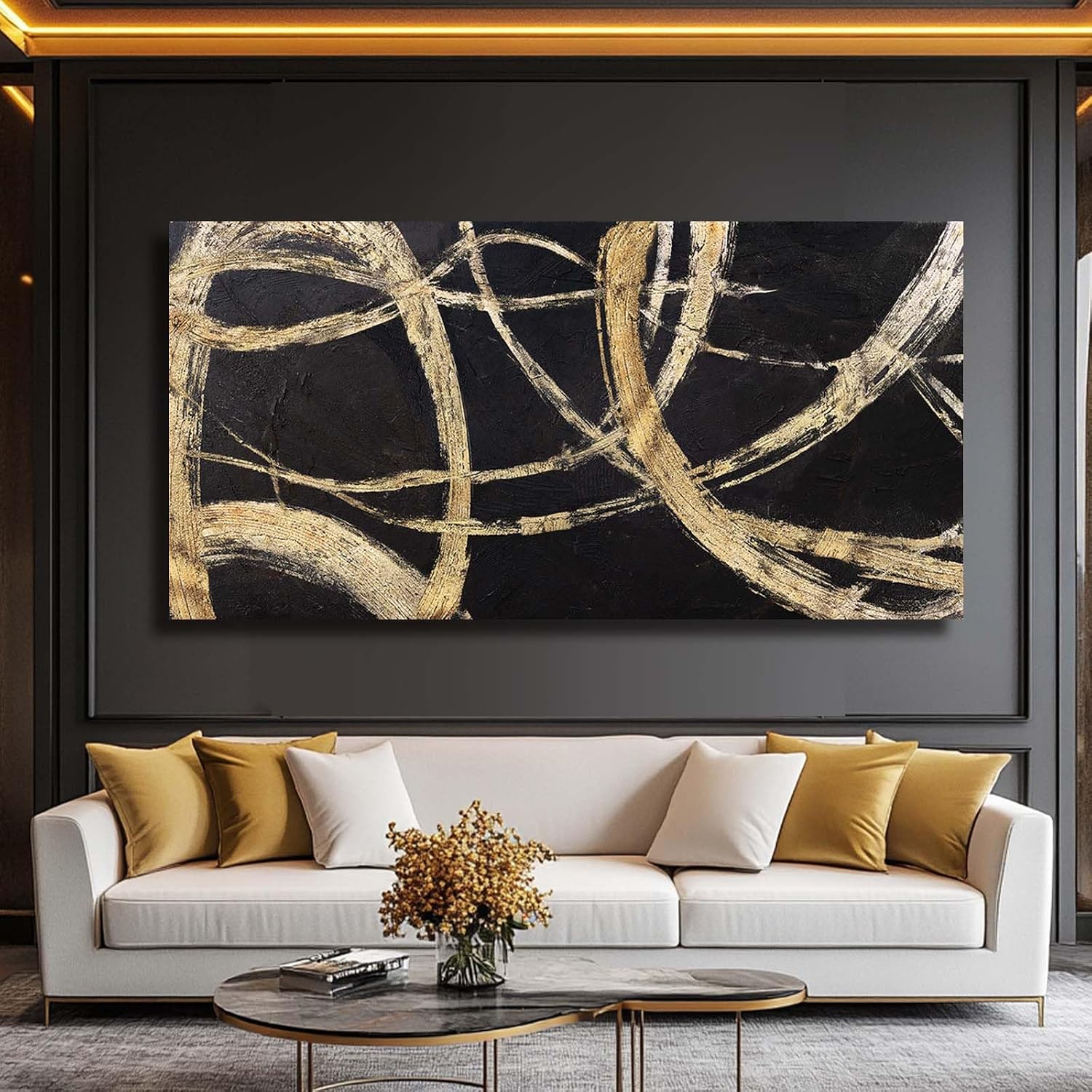 VAYIMDH Black And Gold Pictures for Living Room Black Wall Decor Minimalist Wall Decorations Abstract Wall Paintings 29'x 58' for Office