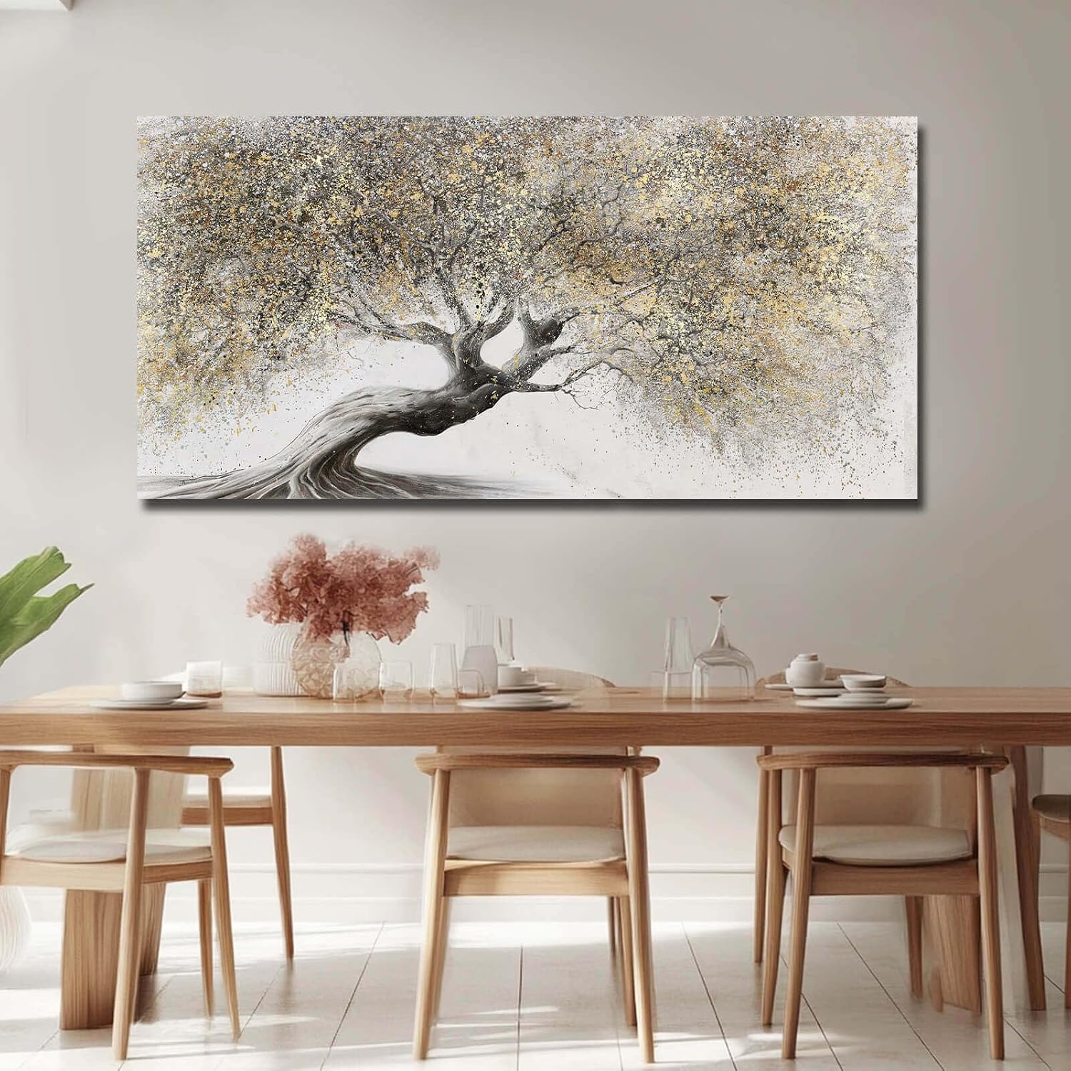 Gold Wall Art Canvas Wall Pictures Large Artwork Landscape Painting Photo Prints Wall Decorations Tree Wall Decor for Living Room Dining Room 29'x58'