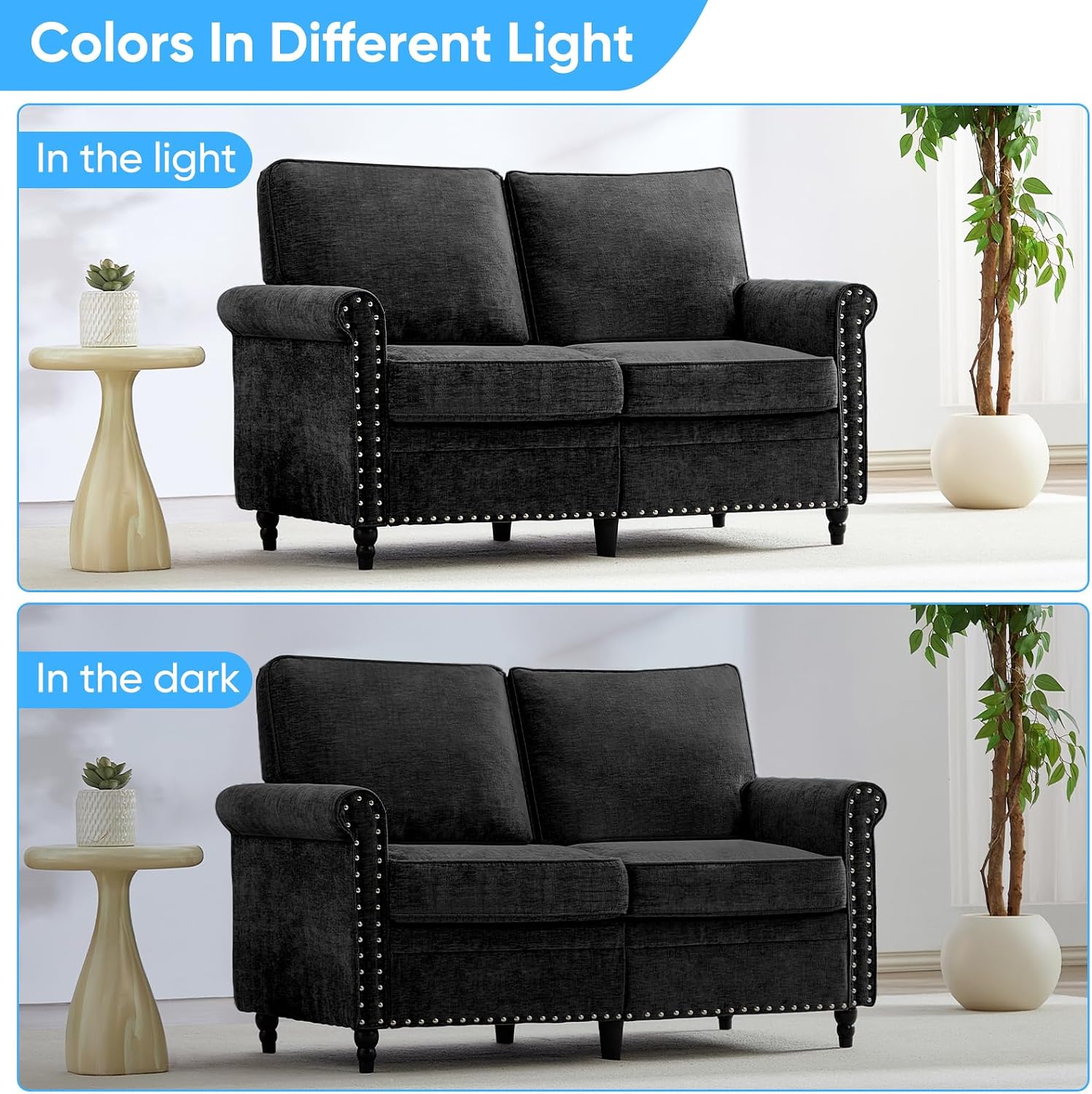 Mjkone 54' Chenille Sofa Couch, Living Room Loveseat Sofa with Wood Frame, Gourd Shape Wood Legs, 6.7' Thickened Soft Cushion, Rivet Design, Mid Century Modern Couch for Small Spaces, Apartment, Black