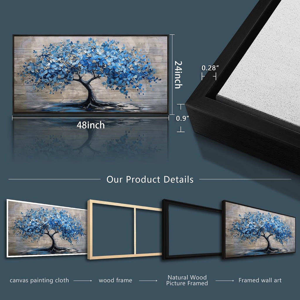 ERQINHUA Large Canvas Wall Art For Living Room Farmhouse Wall Decor For Bedroom Abstract Paintings Blue Tree Wall Pictures Artwork Office Decoration Dormitory Home Decor Black Framed 24x48 Inches