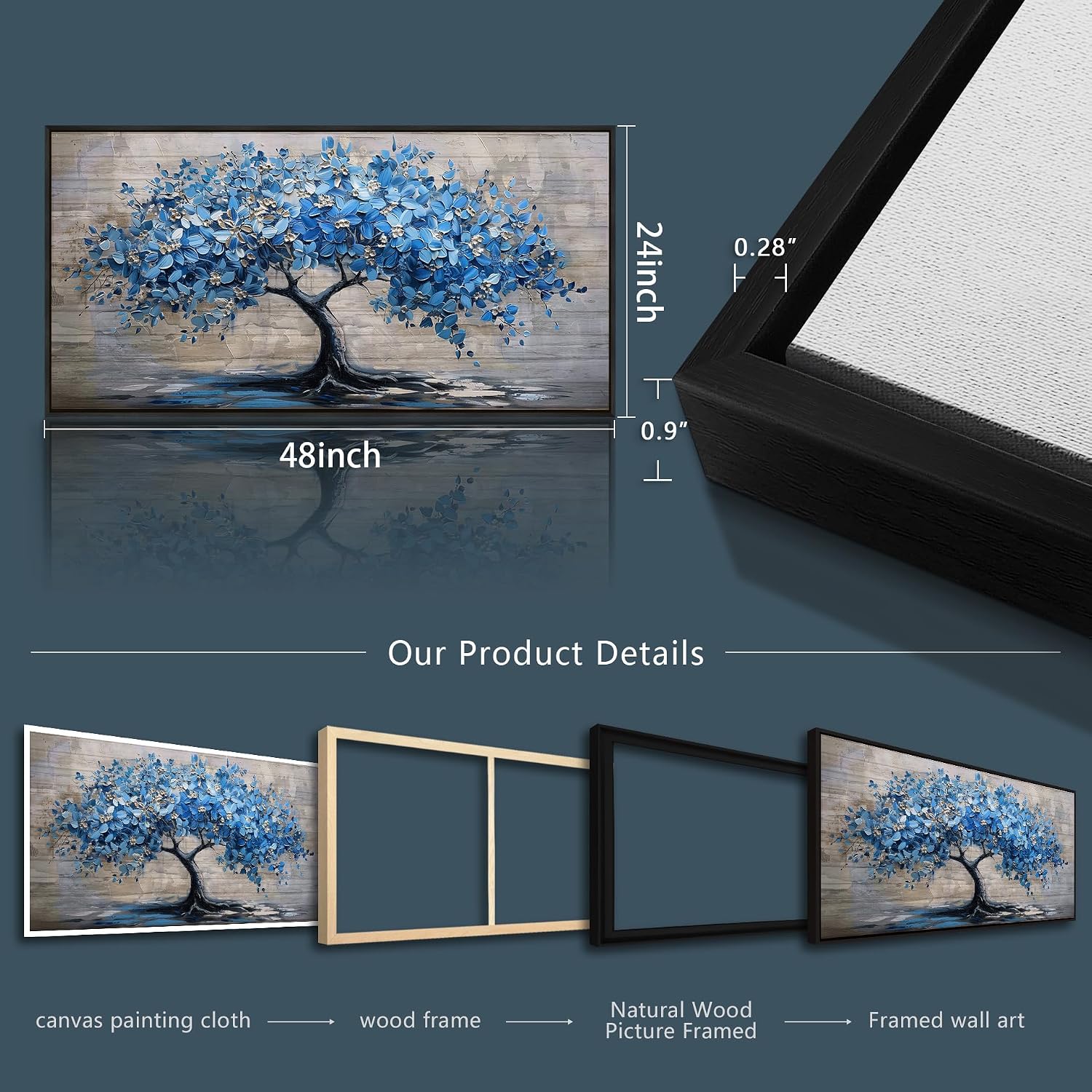 ERQINHUA Large Canvas Wall Art For Living Room Farmhouse Wall Decor For Bedroom Abstract Paintings Blue Tree Wall Pictures Artwork Office Decoration Dormitory Home Decor Black Framed 24x48 Inches