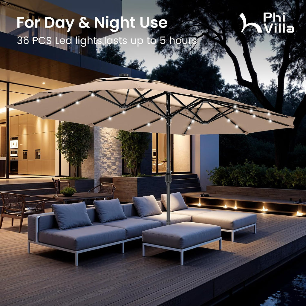 PHI VILLA 15ft 2-Tier Large Patio Umbrella with Solar Lights, Double-Sided Outdoor Market Rectangle Umbrellas with 36 LED Lights, Umbrella Base (Stand) Included, Beige&Tan