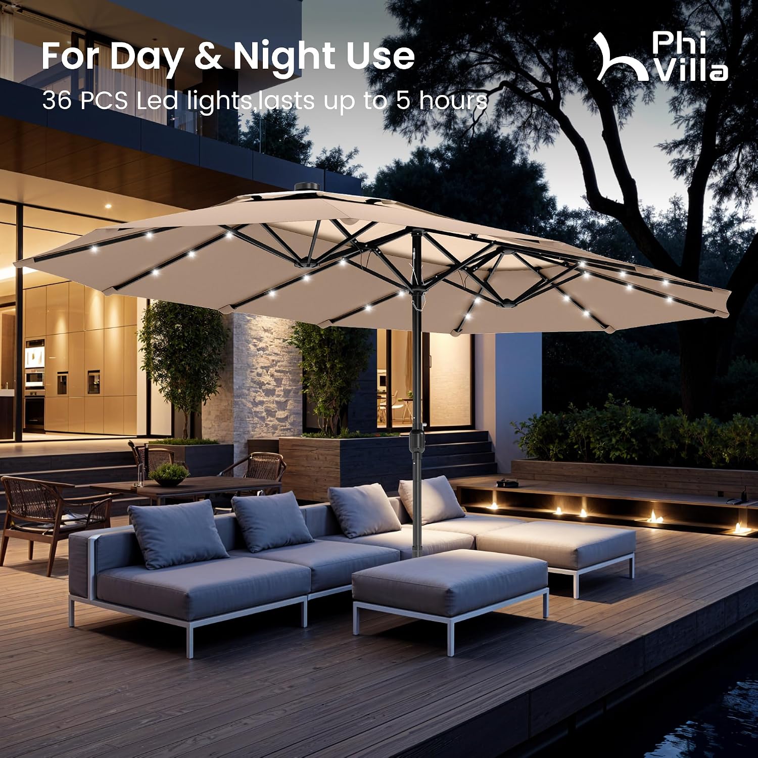 PHI VILLA 15ft 2-Tier Large Patio Umbrella with Solar Lights, Double-Sided Outdoor Market Rectangle Umbrellas with 36 LED Lights, Umbrella Base (Stand) Included, Beige&Tan