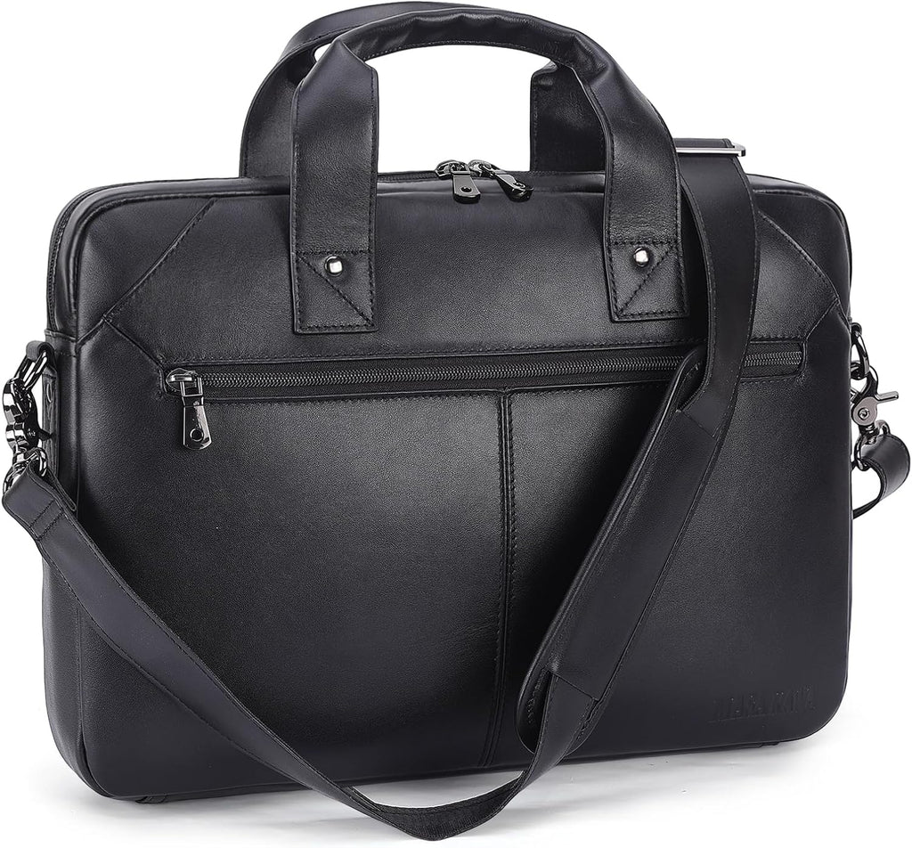 Masa Kawa Mens Leather Slim Briefcase for 16' Laptop Black Waterproof Crossbody Shoulder Messenger Computer Bag for Business Travel Office Work