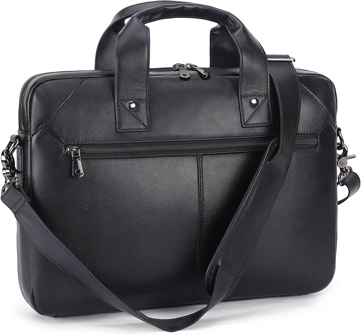 Masa Kawa Mens Leather Slim Briefcase for 16' Laptop Black Waterproof Crossbody Shoulder Messenger Computer Bag for Business Travel Office Work