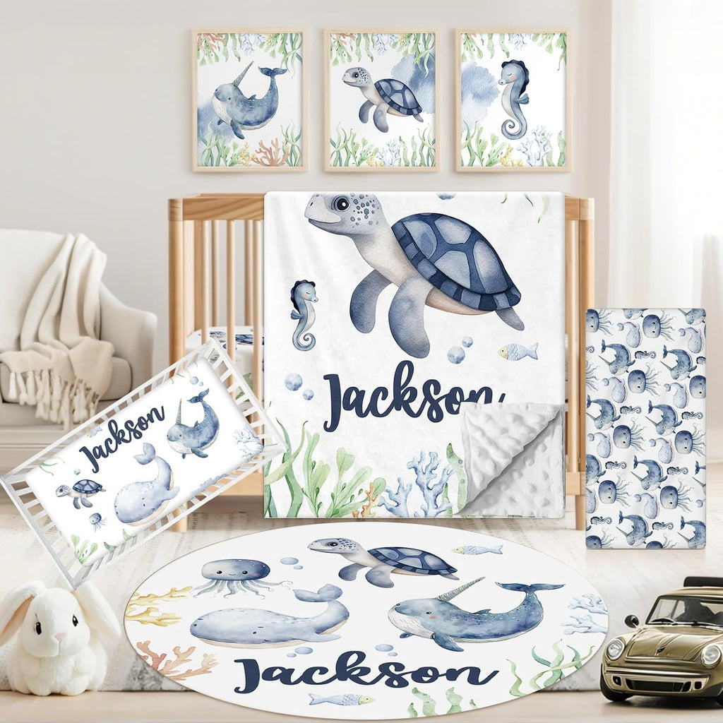 Custom Baby Crib Bedding Set, 5 PCS Personalized Name Baby Crib Sets for Girls Boys, Sea Animals Theme Nursery Bedding Sets for Infant Toddler, Double Layer Flannel Bed Set Customized Gifts