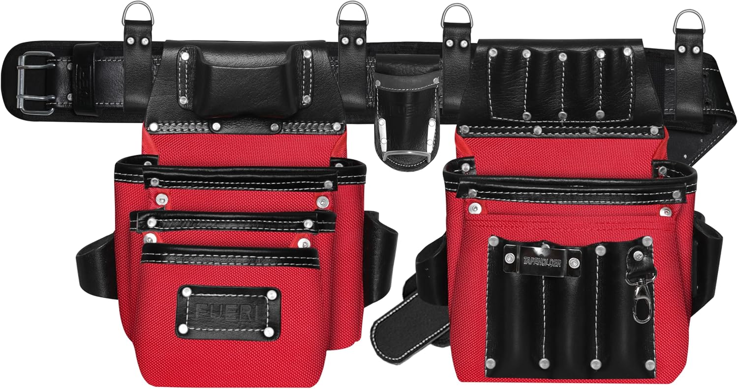 FUERI Heavy Duty 26 Pocket Tool Belt for Men | Premium Grain Black Leather & Red Nylon Carpenter Tool Belt With 2 Large Pouches, Hammer Holder, Suspender Loops & Padded Belt, Ideal for Electricians