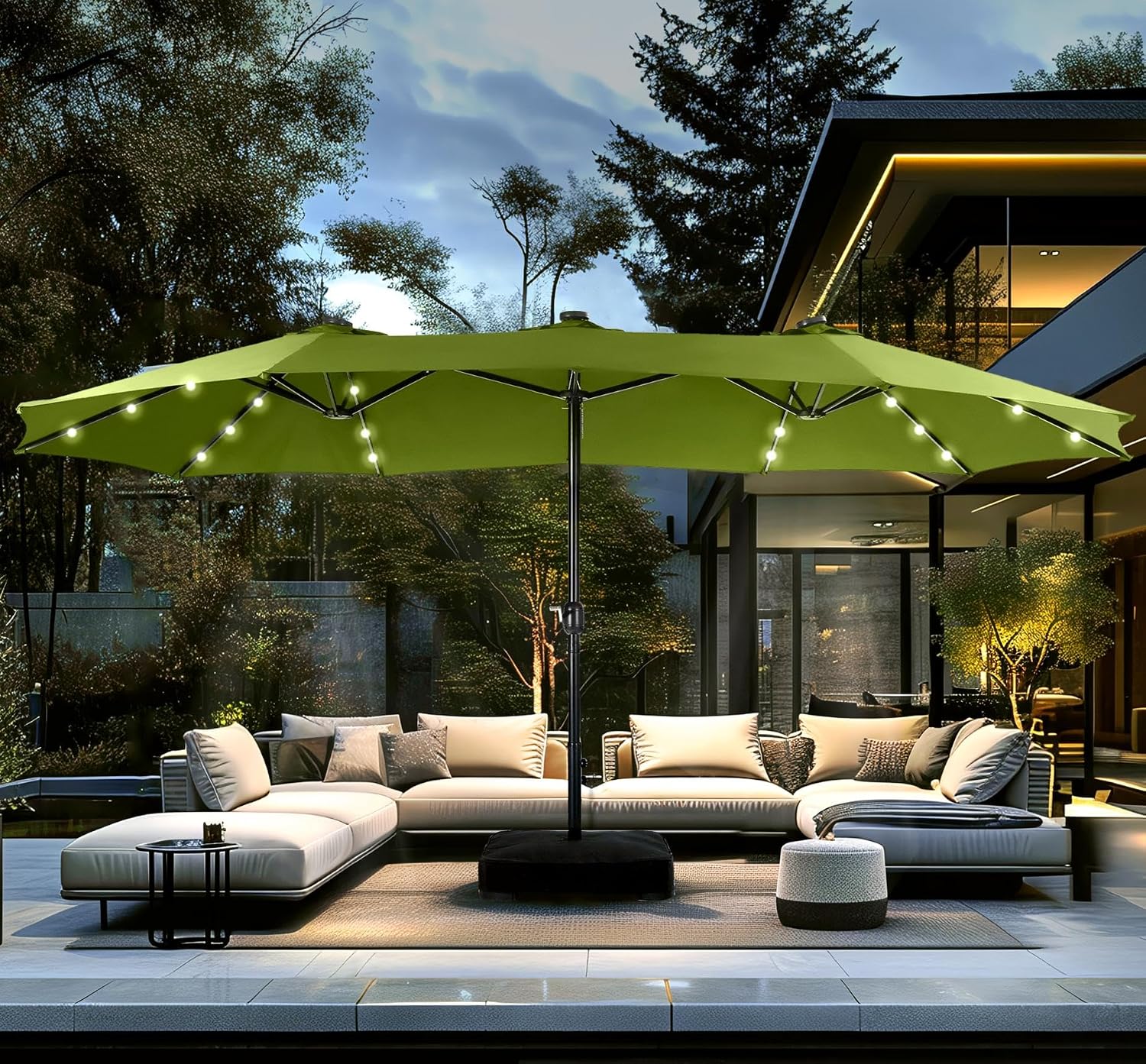 PHI VILLA 15 ft Umbrella Outdoor Patio Solar Lights with Base, Outdoor Double-Sided Large Market Rectangle Umbrellas with 36 LED Lights, Lime Green