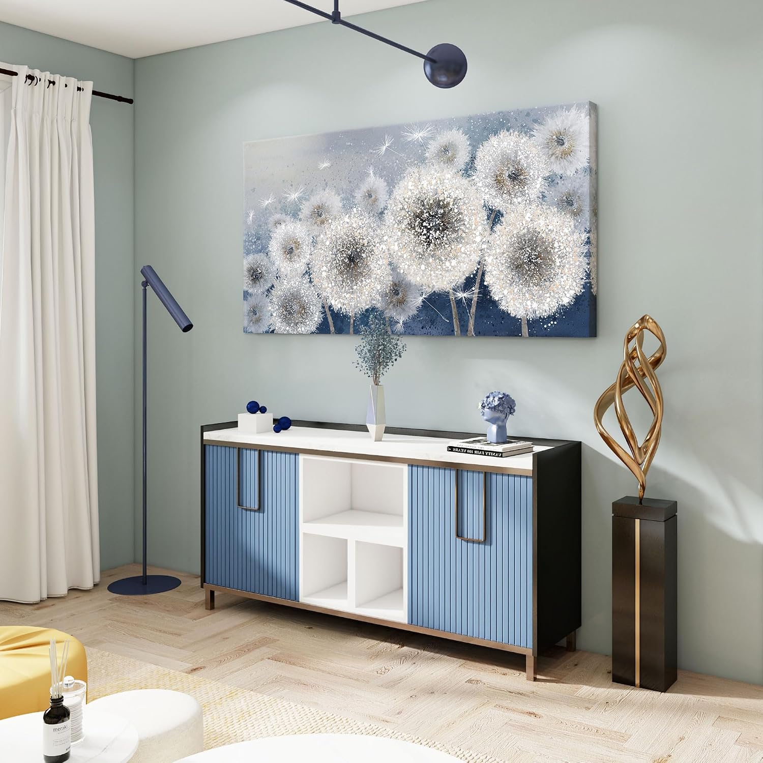 Pogusmavi Dandelion Wall Art for Living Room - Large Artwork for Wall, Blue Canvas Pictures Wall Decor, Modern Prints for Bedroom Wall Art 29×58IN