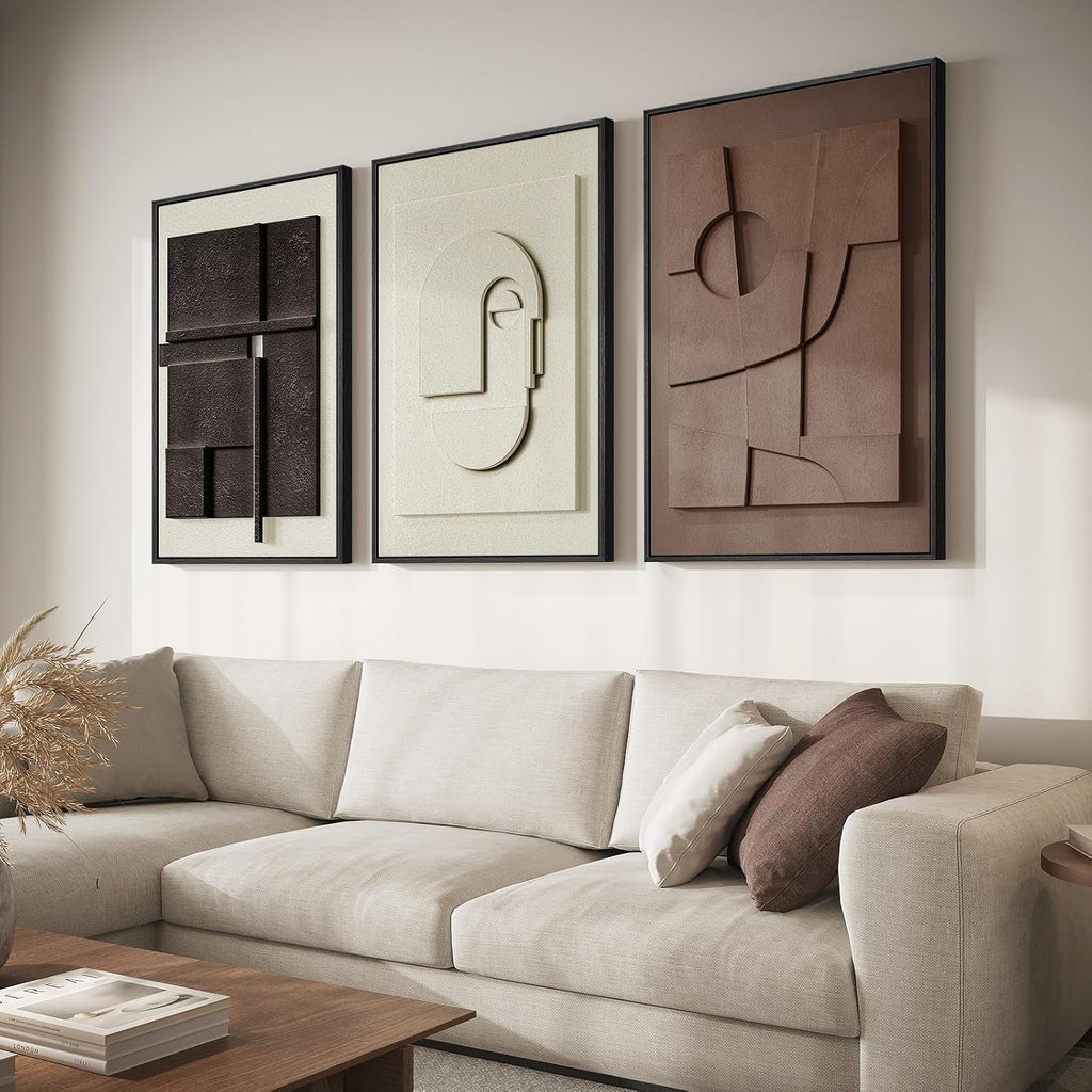 Framed Abstract 3D Textured Wall Art for Living Room, 3 Piece Modern Neutral Artwork for Walls, Brown White Geometric Sandstone Textured Painting for Bedroom, Home Office Decor-Total Size 30x60 Inch