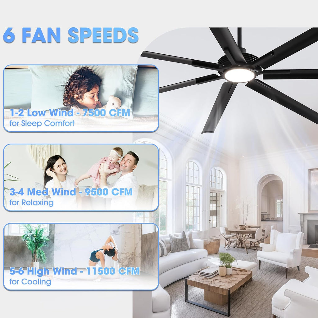 100 Inch Ceiling Fans with Lights and Remote, Industrial Black Ceiling Fan for Living Room Shop Garage Large Outdoor Ceiling Fans for Patios, Dimmable, 6-Speed Reversible DC Motor, 7 Aluminum Blades