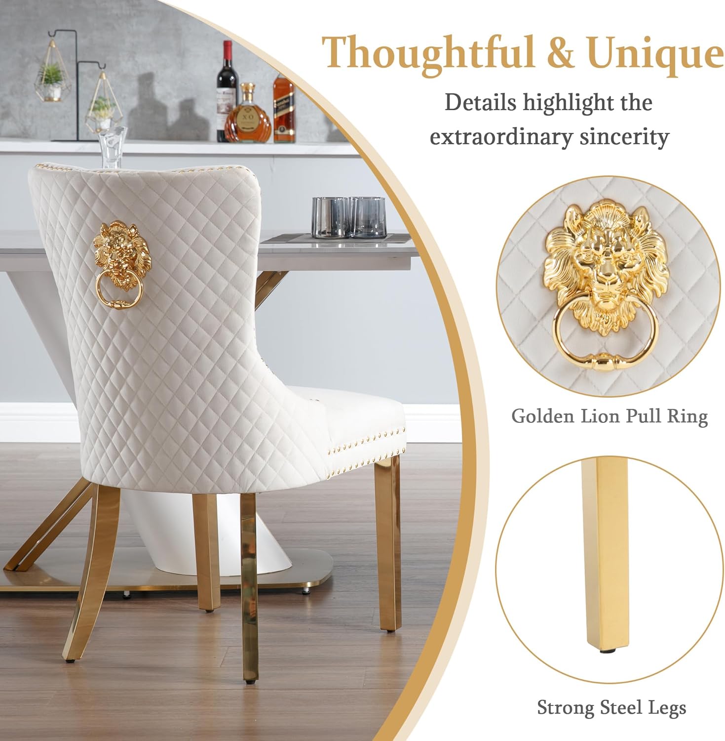 civama Dining Chairs Set of 2, Elegant Luxury Velvet Tufted Dining Chairs Golden Legs & Nailhead Trim, Back Lion Head Pull Ring & Rhomboid Pattern, Nikki Collection Armless Kitchen Chair, Beige