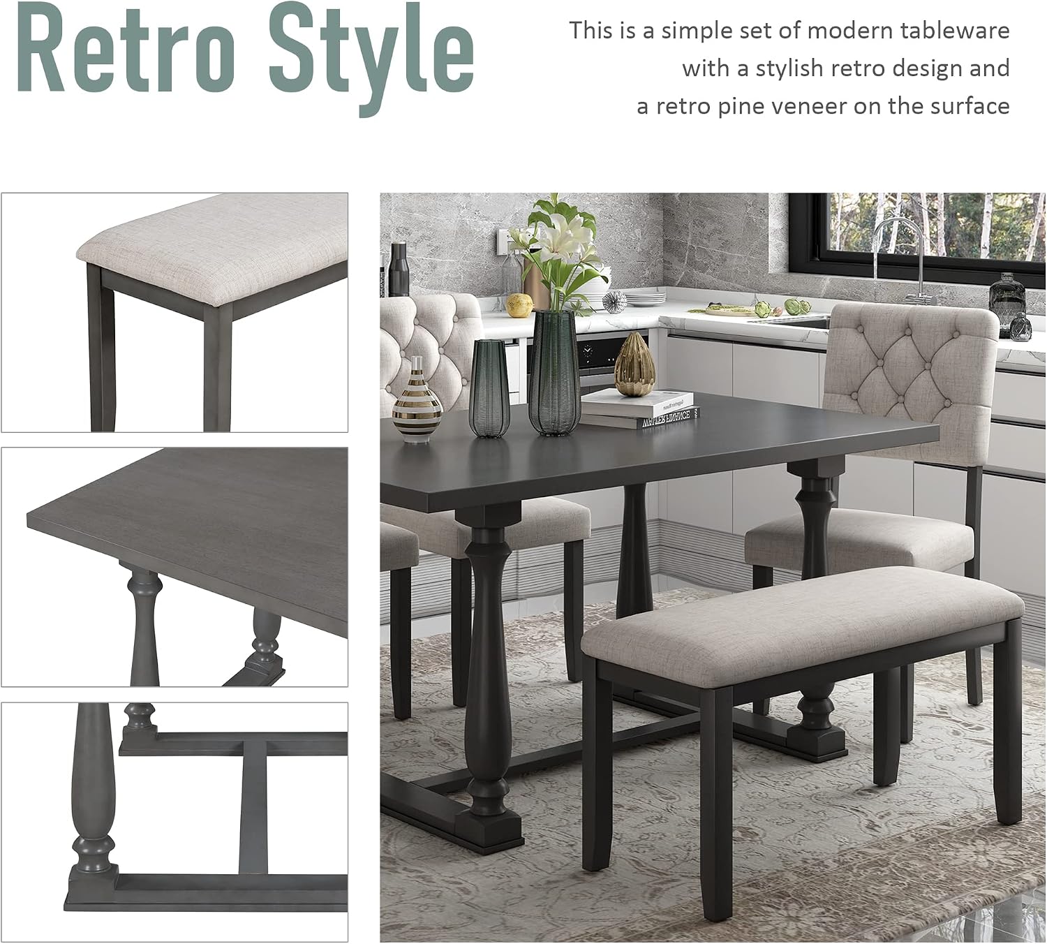 Retro 6-Piece Kitchen Dining Table Set with Comfortable Upholstery Chairs and Bench, Solid Wood Dining Table with Special-Shaped Legs, Suitable for Family Use (Gray-Comfort)