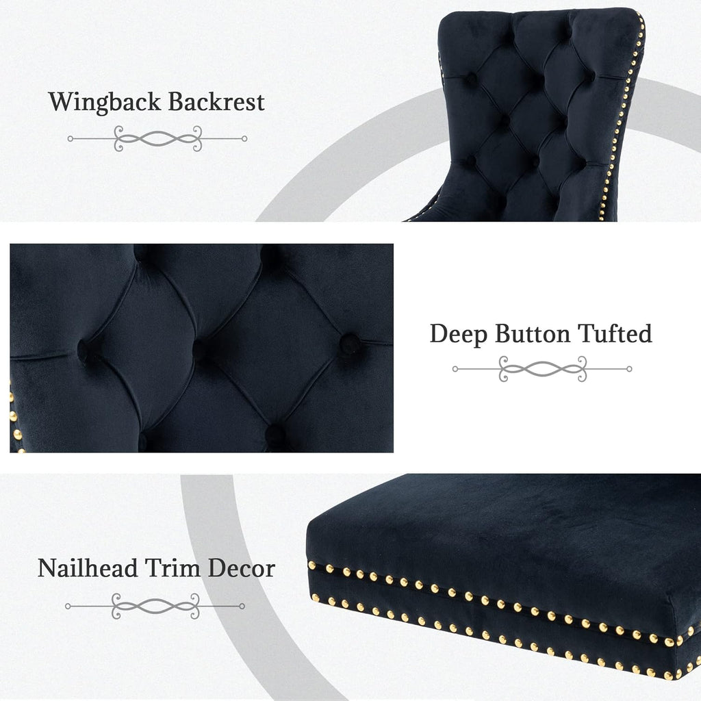 civama Dining Chairs Set of 4, Elegant Luxury Velvet Tufted Dining Chairs Golden Legs & Nailhead Trim, Back Lion Head Pull Ring & Rhomboid Pattern, Nikki Collection Armless Kitchen Chair, Black