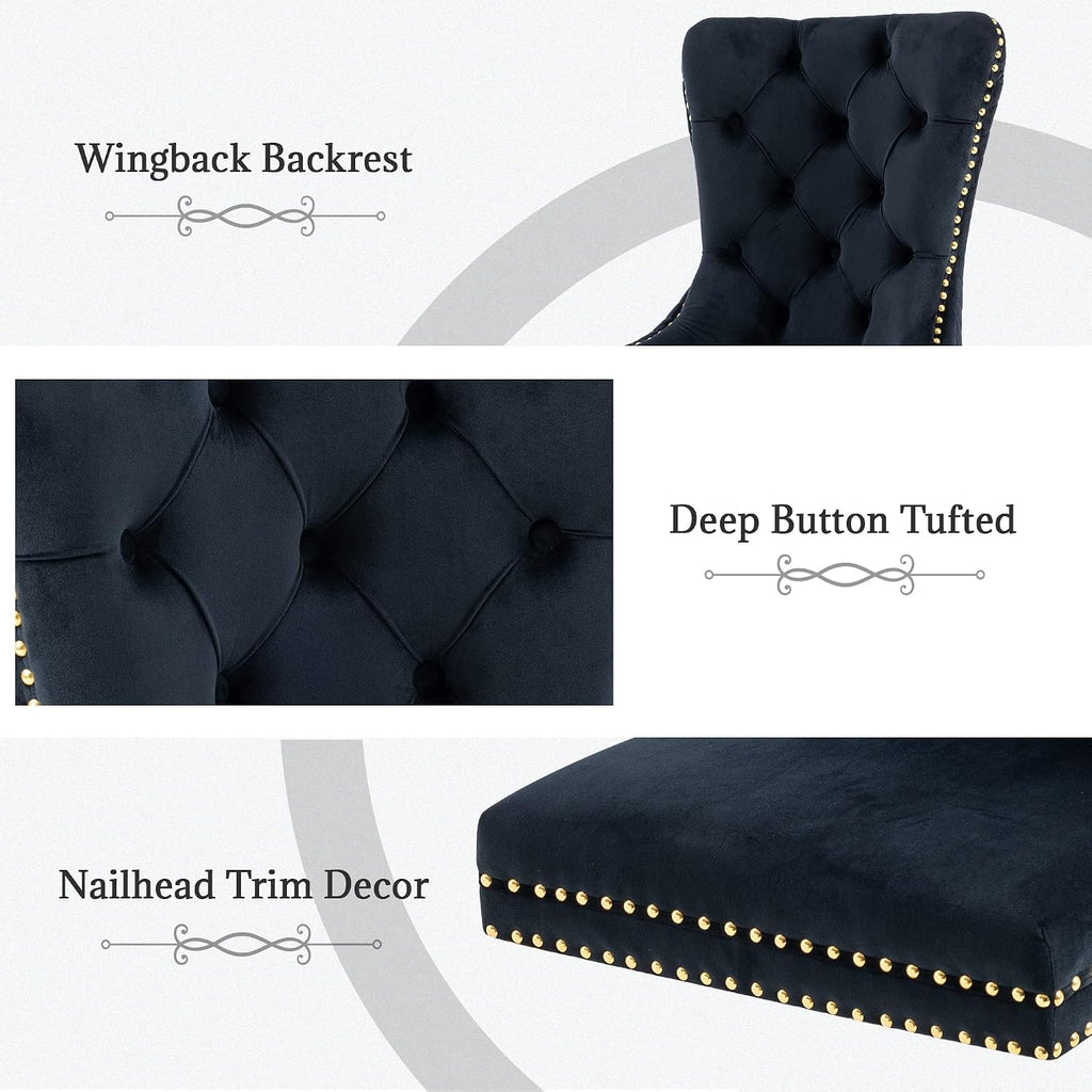 civama Dining Chairs Set of 6, Elegant Luxury Velvet Tufted Dining Chairs Golden Legs & Nailhead Trim, Back Lion Head Pull Ring & Rhomboid Pattern, Nikki Collection Armless Kitchen Chair, Black
