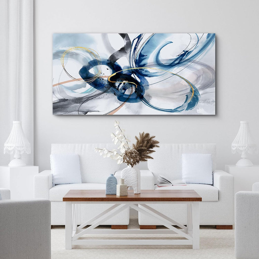 yiijeah Modern Large Abstract Wall Art - Bright and Bold Line Design - Blue and White Canvas Picture Artwork Wall art for living room and office Oversized Abstract wall Decor