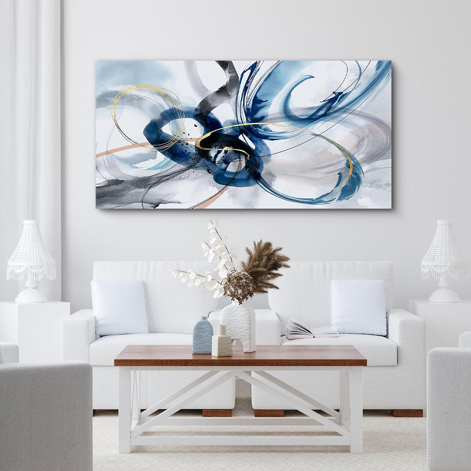 yiijeah Modern Large Abstract Wall Art - Bright and Bold Line Design - Blue and White Canvas Picture Artwork Wall art for living room and office Oversized Abstract wall Decor