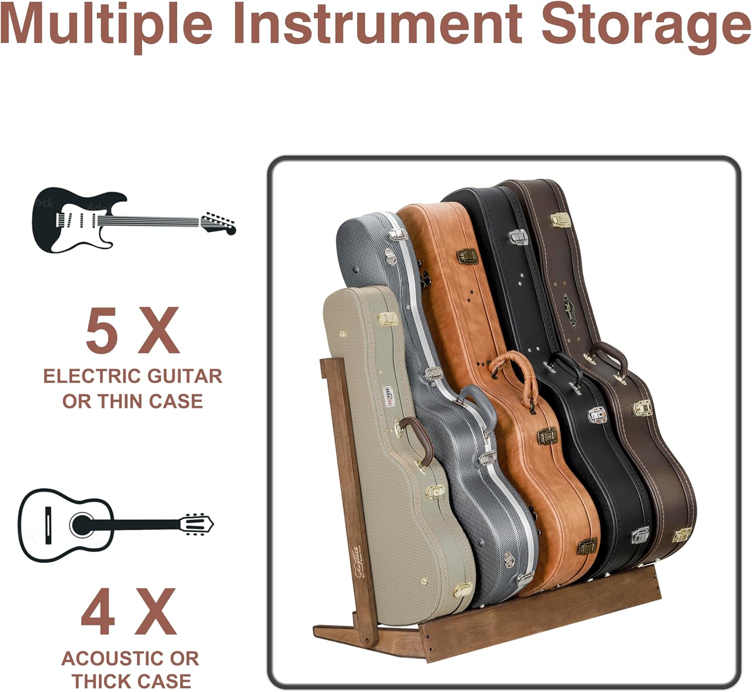Multi Wood Guitar Rack for 5 Acoustic, Electric or Bass Guitars - Hardwood Stand with Padded Floor Display,18mm-thick wooden plank