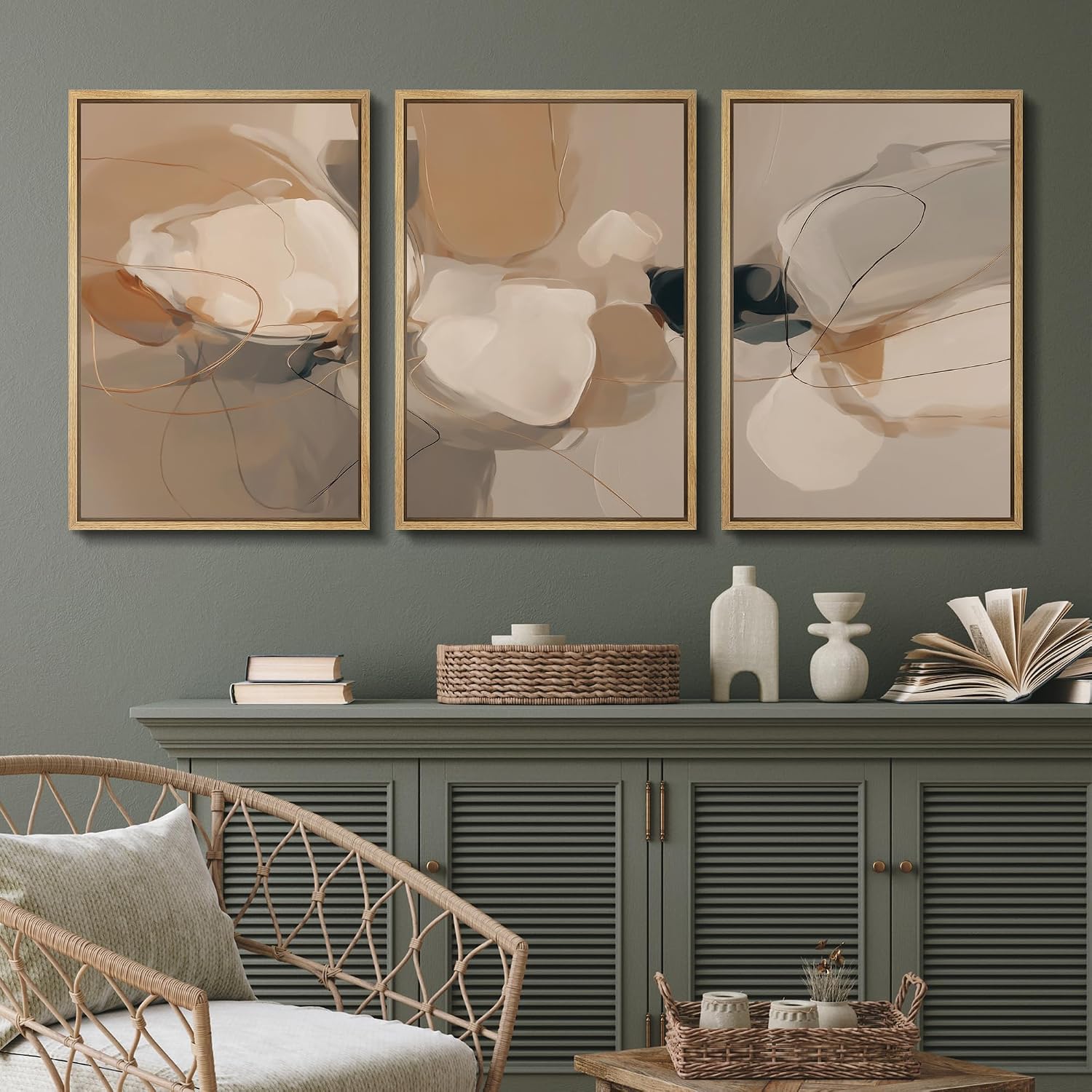 SIGNFORD Framed Canvas Print Wall Art Set Abstract Organic Flow Earthy Tones with Gentle Curves Illustrations Modern Art Relax/Calm for Living Room, Bedroom, Office - 24'x36'x3 Natural