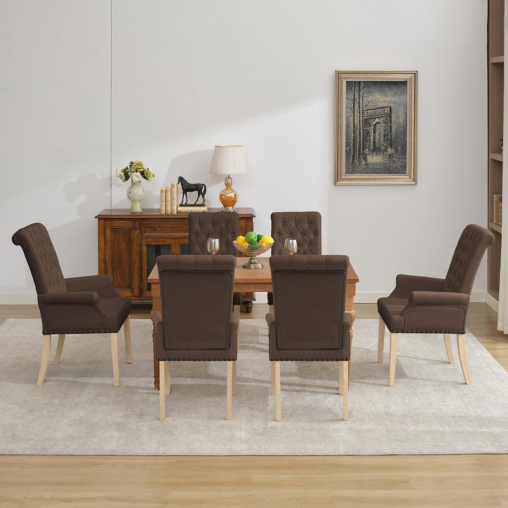 LOULENS Fabric Dining Chairs, Modern Upholstered Tufted Dining Room Chairs with Arms and Solid Wood Legs for Home, Kitchen Living Room, Brown