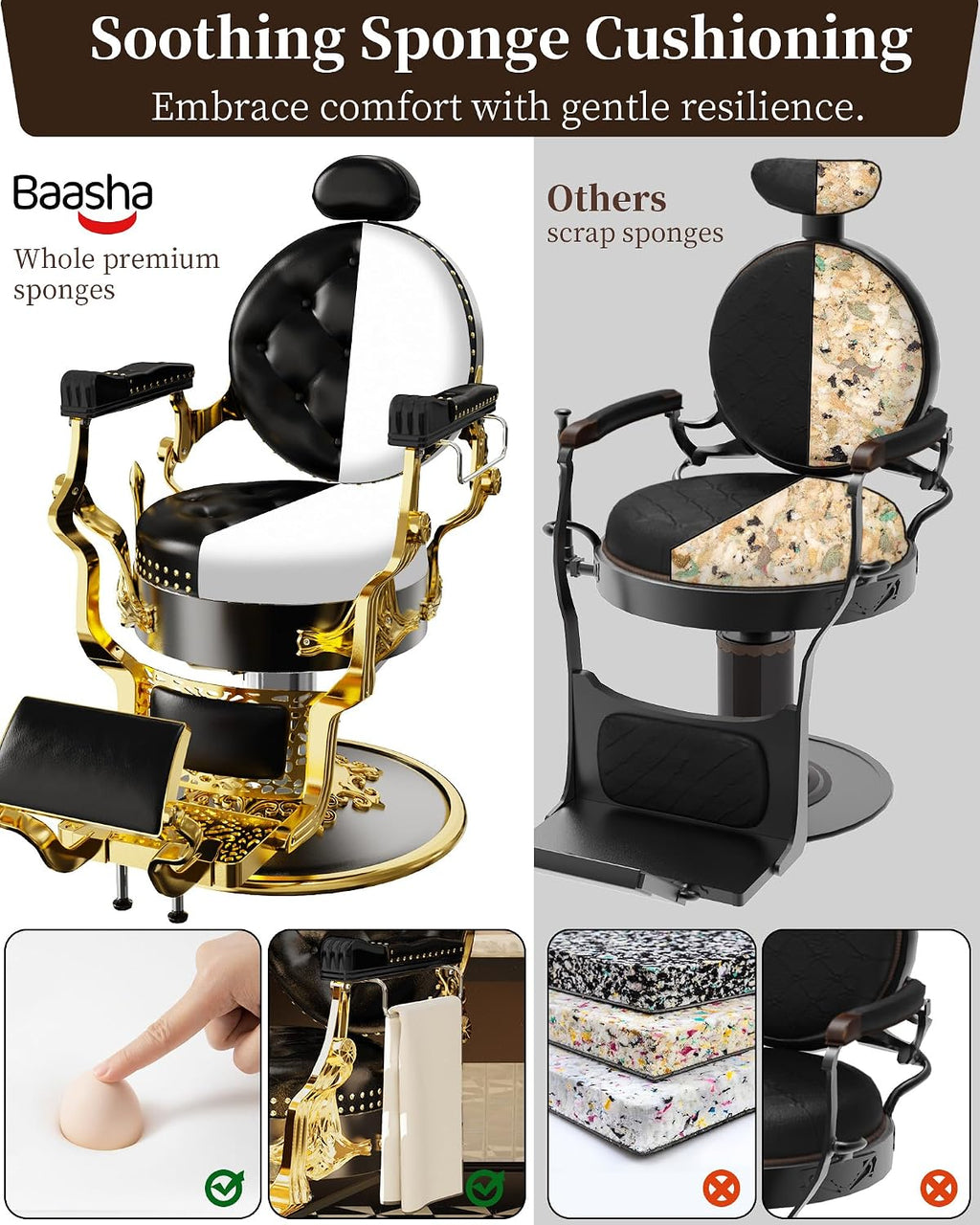 Baasha Black & Gold Retro Barber Chair, Heavy-Duty Reclining Salon Chair with Stylish Rivet Trim, Thick Cushion & Adjustable Headrest, 550 lbs Support