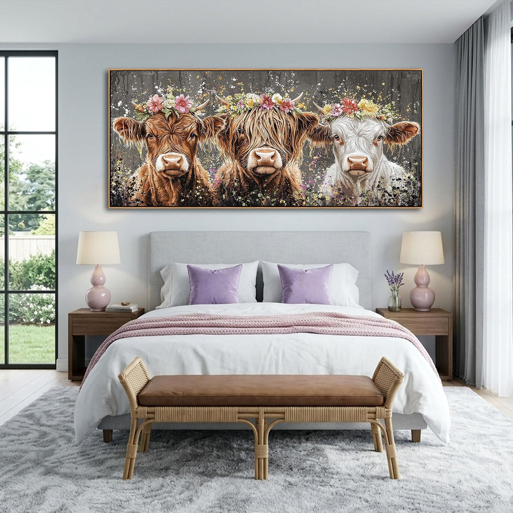 AJAZIKO Highland Cow Wall Art - Farmhouse & Rustic Country Wall Decor, Large Canvas Pictures for Living Room, Above Bed Artwork for Walls - Western Decorations