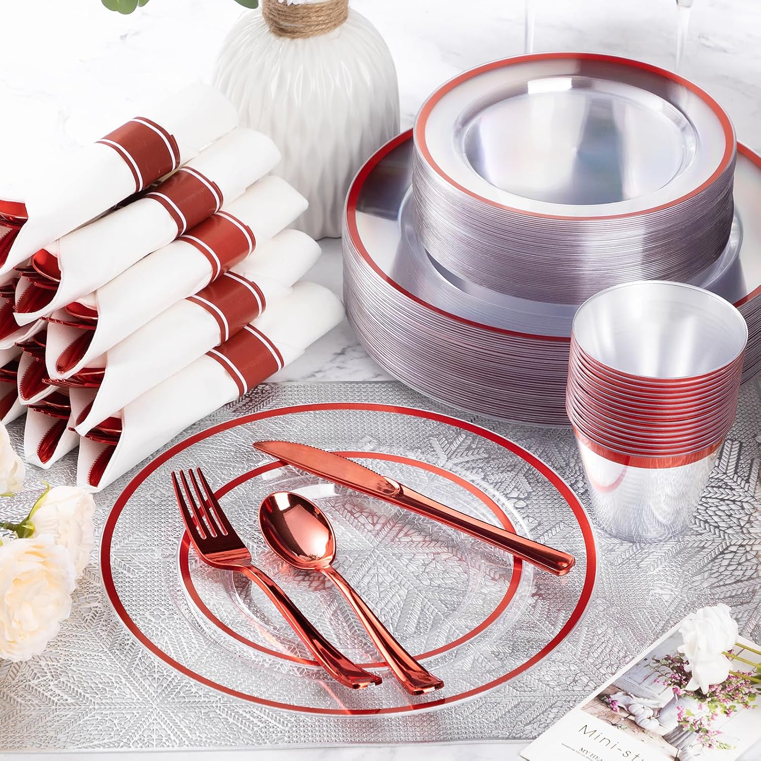 Goodluck 700 Piece Red Plastic Dinnerware Set for Party, Clear Disposable Plates for 100 Guests, Include: 100 Dinner Plates, 100 Dessert Plates, 100 Pre Rolled Napkins with Cutlery Set, 100 Cups