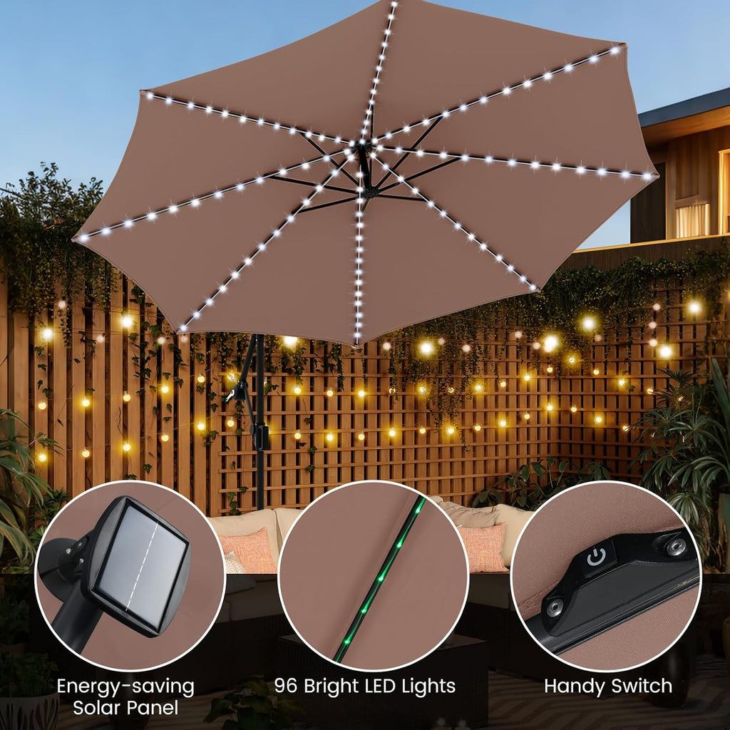 Tangkula 10 FT Solar Patio Umbrella with Base Included, Cantilever Offset Hanging Outdoor Umbrella with 96 Multi-Colored Flowing LED Lights, 9 Modes, Tilt Adjustment, 360° Rotation, Crank for Pool Yard Deck Lawn (Coffee)