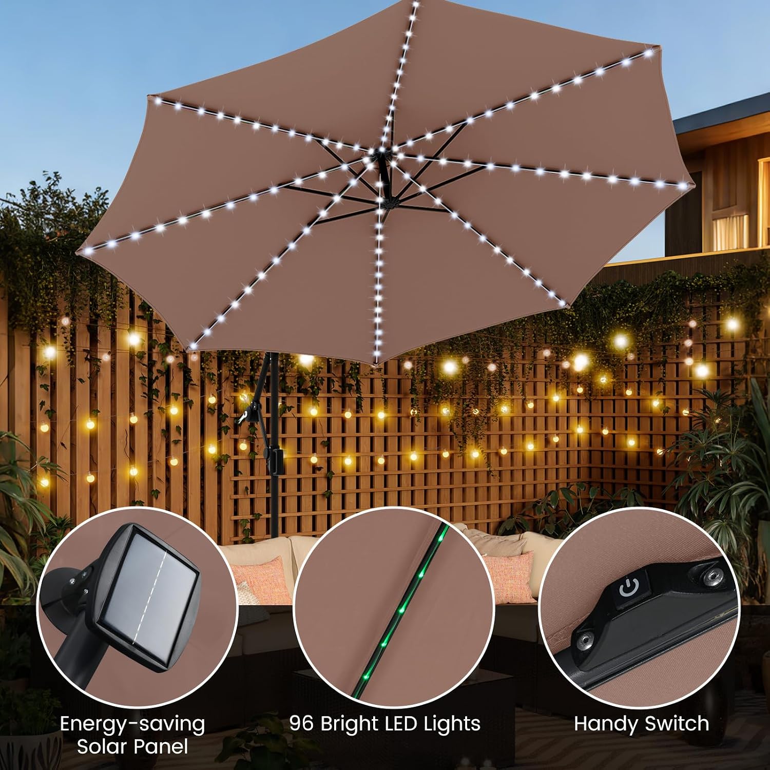 Tangkula 10 FT Solar Patio Umbrella with Base Included, Cantilever Offset Hanging Outdoor Umbrella with 96 Multi-Colored Flowing LED Lights, 9 Modes, Tilt Adjustment, 360° Rotation, Crank for Pool Yard Deck Lawn (Coffee)
