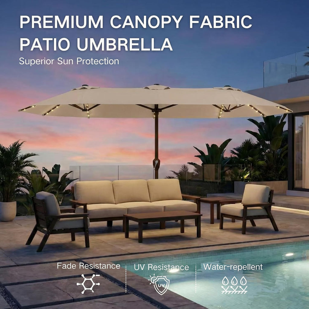 Kingdura 13ft Large Patio Umbrella with Solar Lights, Double-Sided Rectangle Outdoor Table Umbrella with Base Included, 12 Reinforced Ribs, 48 Led Lights, Crank Lift for Market Pool Deck, Beige