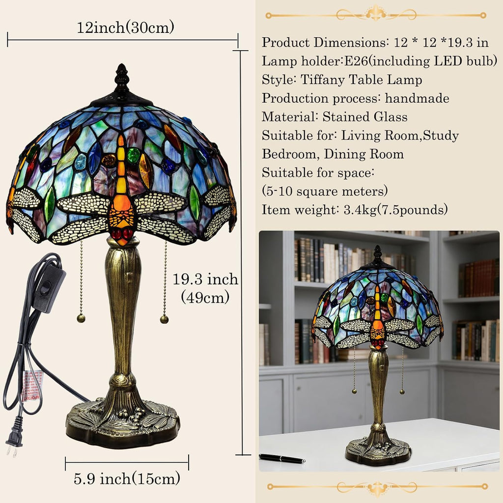 Tiffany Table Lamp, 12 Inch Dragonfly Stained Glass Lamp,Tiffany Style Lamp for Bedroom Living Room Home, Handcrafted Light, Included Bulb
