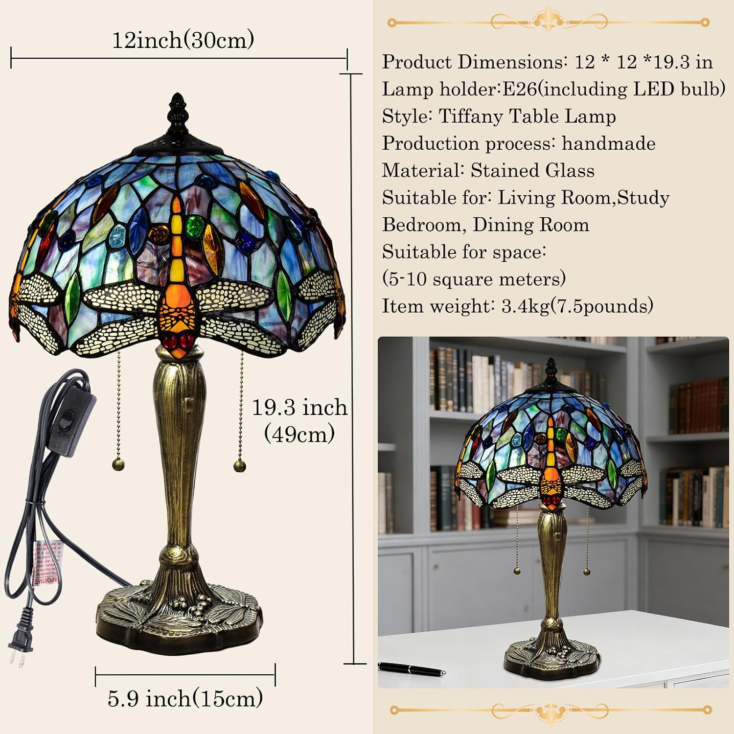 Tiffany Table Lamp, 12 Inch Dragonfly Stained Glass Lamp,Tiffany Style Lamp for Bedroom Living Room Home, Handcrafted Light, Included Bulb