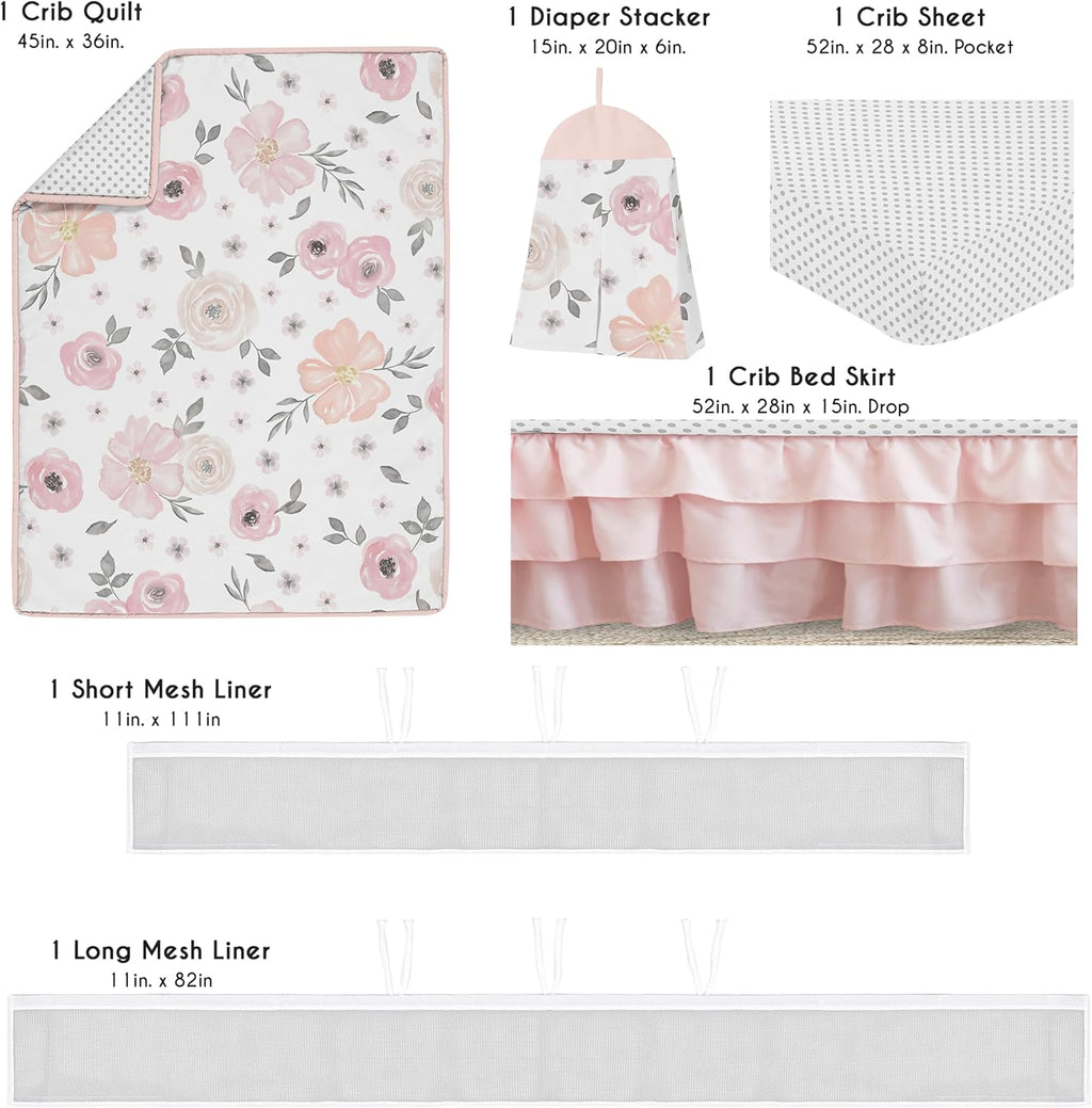 Sweet Jojo Designs 6-Piece Baby Crib Bedding Set (Pink/Grey Boho Floral) for Girls, Infants/Nursery incl. Blanket, Fitted Sheet, Skirt, BreathableBaby Breathable Mesh Crib Liner (Watercolor Polka Dot)