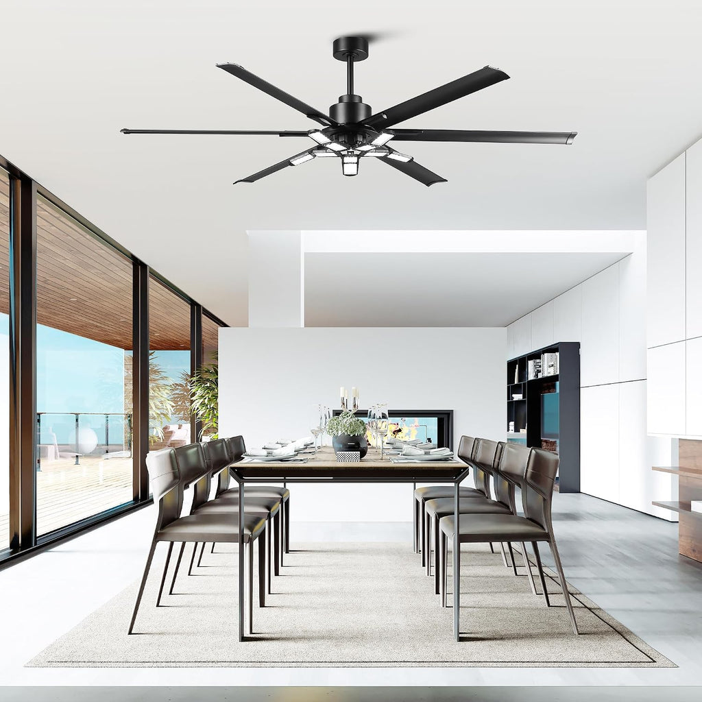 72 Inch Large Ceiling Fan with Lights and Remote, Industrial High CFM Ceiling Fans for Shop Garage Barn, 6609LM Super Bright LED, 6 Aluminum Blades, Reversible Quiet DC Motor, Matte Black
