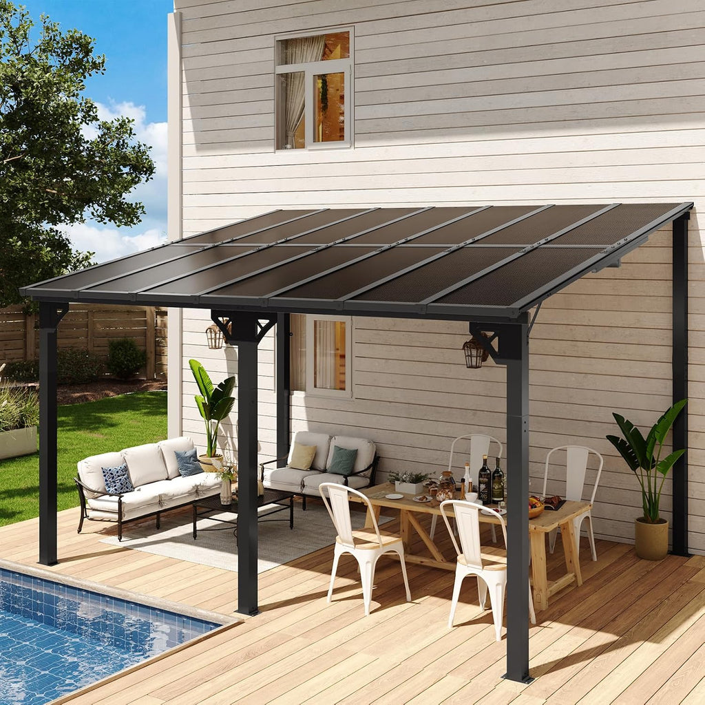 Aoxun 14' x 10' Gazebo for Patio, Lean to Gazebo Pergola with Sloped Roof, Large Wall-Mounted Heavy Duty Awnings, for Backyard, Deck, Patio