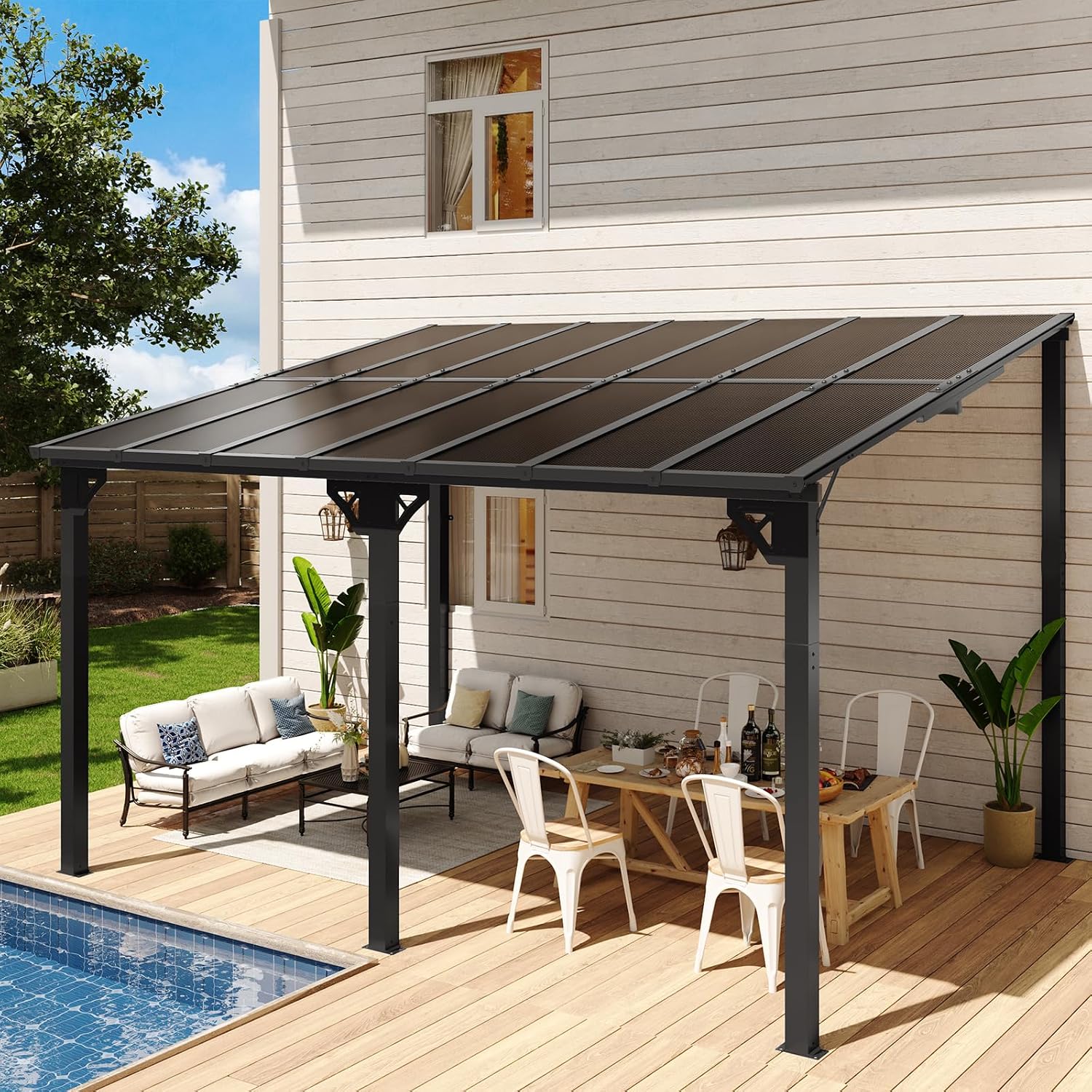 Aoxun 14' x 10' Gazebo for Patio, Lean to Gazebo Pergola with Sloped Roof, Large Wall-Mounted Heavy Duty Awnings, for Backyard, Deck, Patio