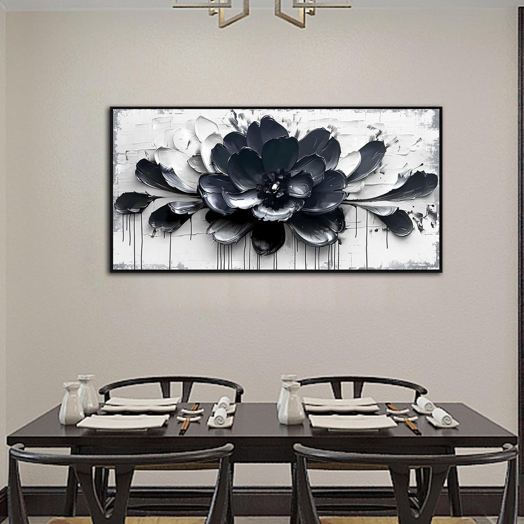 Flower Wall Art for Lving Room, Blue Black and White Canvas Wall Decor for Bedroom, Floral Picture Print Artwork for Office, Size 59 x 29 Inches Framed