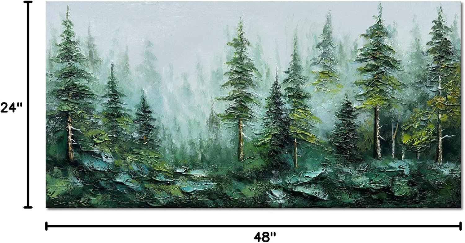 Alenoss Hand Painted Modern 3D Abstract Oil Painting 24x48 Inches Large Forest Landscape Textured Canvas Wall Art Green Artwork for Wall Decoration