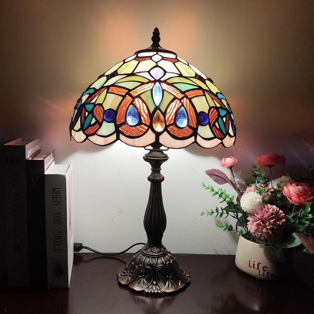 Tiffany Table Lamp Victorian Style Stained Glass Desk Light 12 Inch Tiffany Style Bedside Lamp with LED Bulb for Bedroom Living Room Office Decor